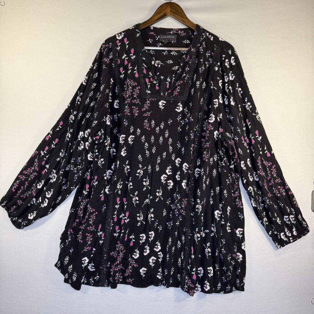 Lane Bryant Tunic Blouse Womens 26 28 Black Floral Long Sleeve Plus lace accents